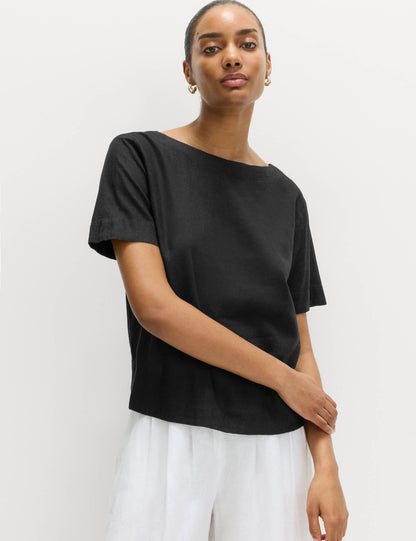 Keten Karışımlı Scoop Yaka T-shirt