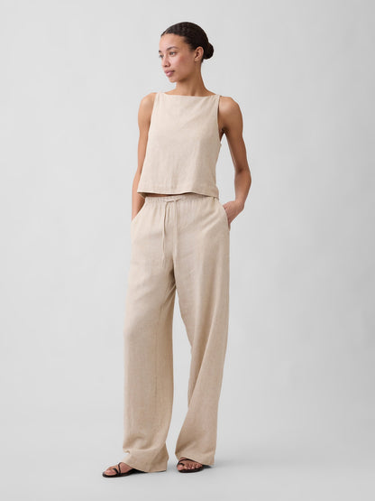 Bej Relaxed Keten Karışımlı Wide-leg Pantolon