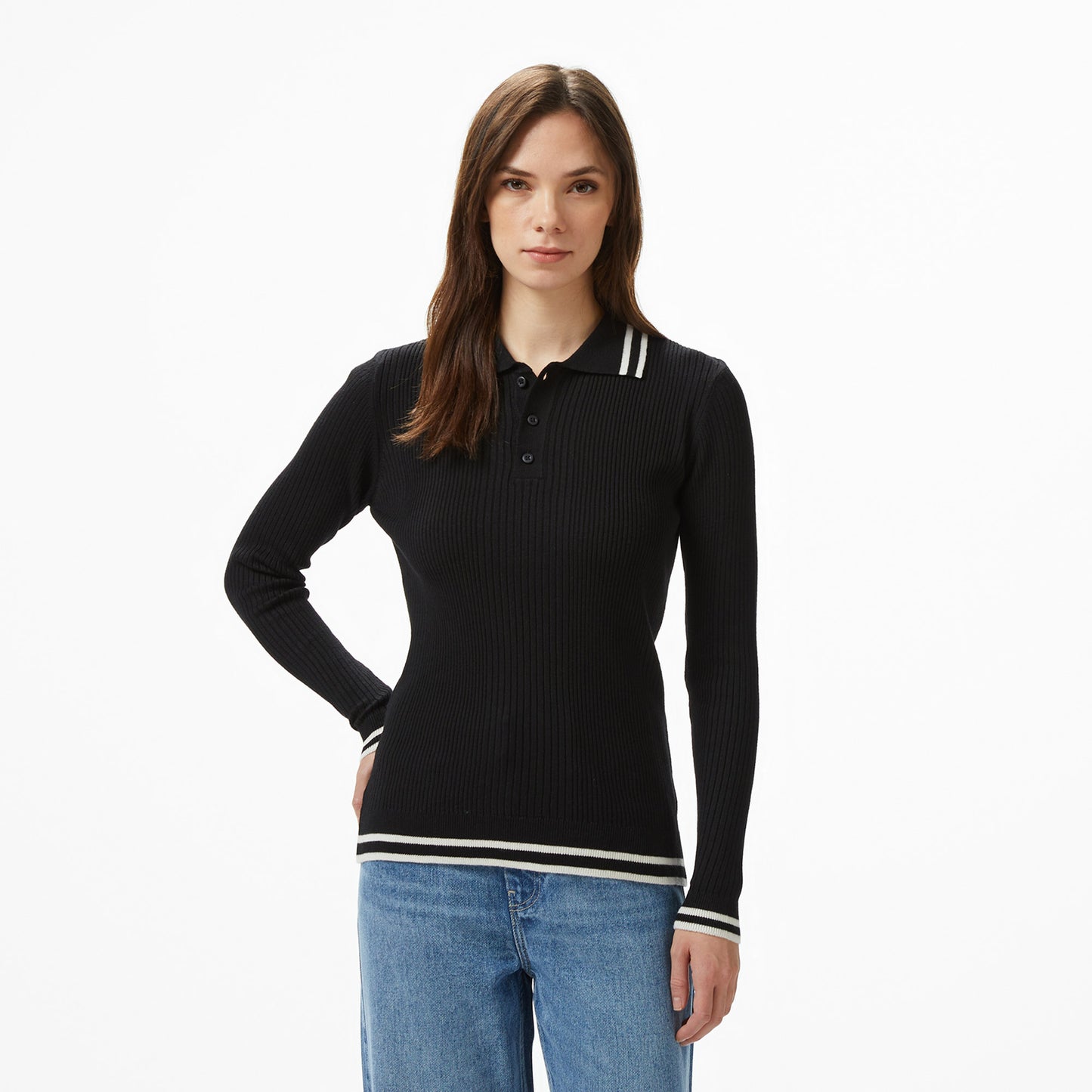Nautica Kadın Siyah Classic Fit Uzun Kollu Polo Yaka T-shirt
