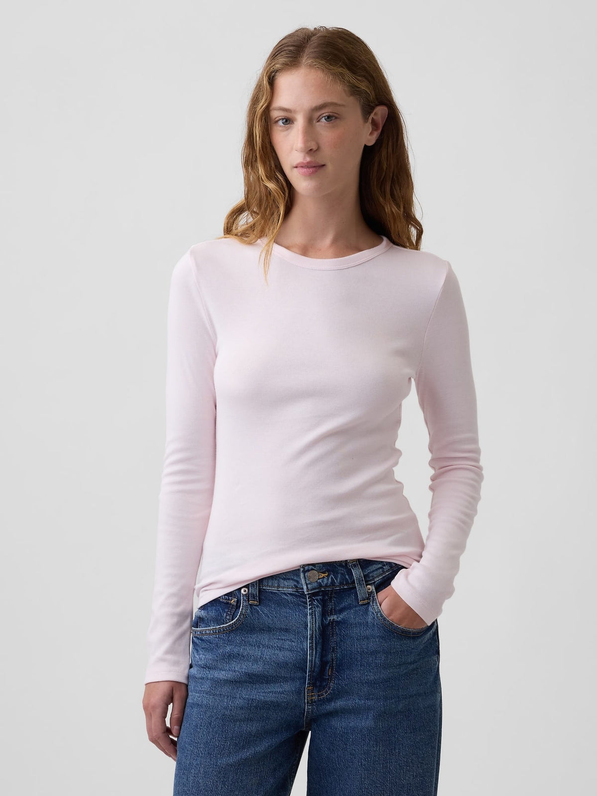 Açık Pembe Modern Fitilli Bisiklet Yaka T-shirt