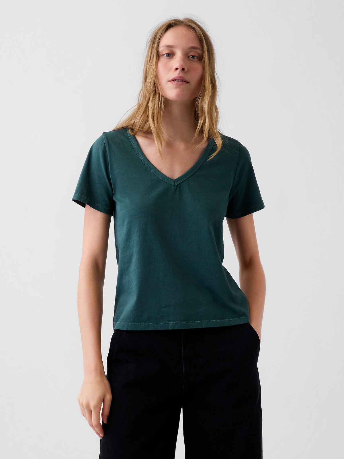 Koyu Yeşil Organik Pamuk Vintagesoft V-yaka T-shirt