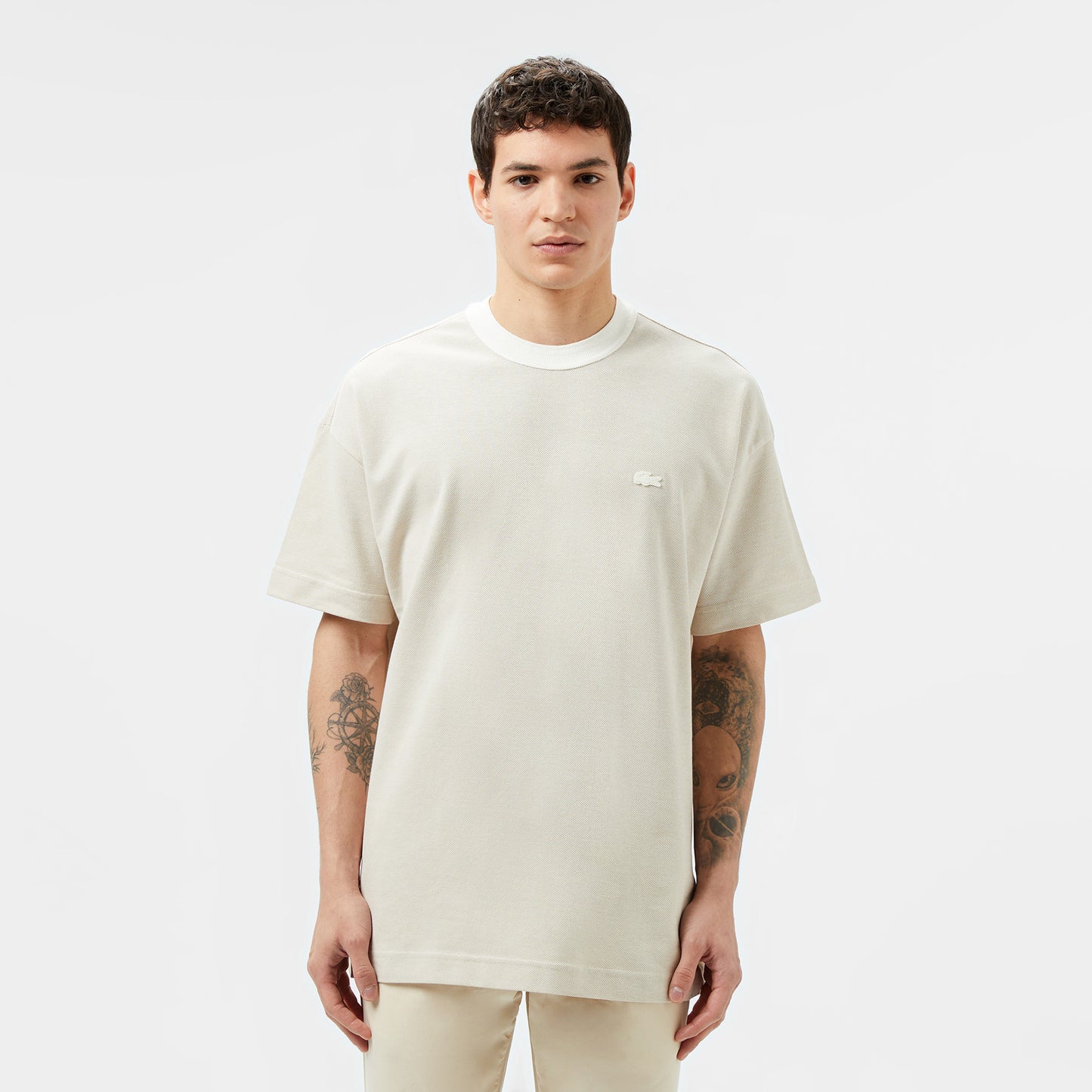 Lacoste Erkek Oversize Fit Bisiklet Yaka Krem T-shirt