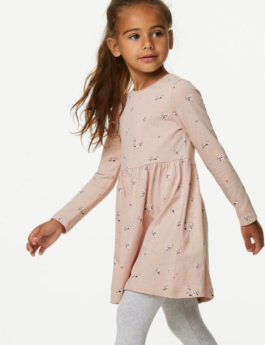 Saf Pamuklu Çiçek Desenli Elbise (2-8 Yaş)