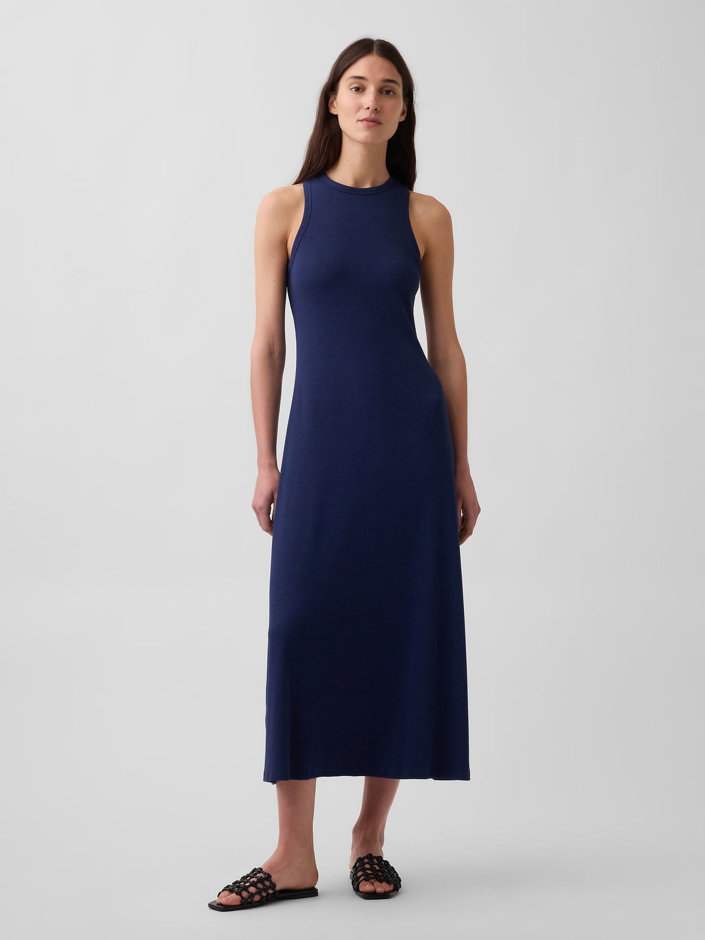 Lacivert Modern Fitilli Shelf-bra Maxi Elbise