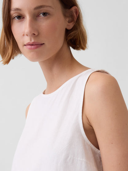 Beyaz Keten Karışımlı Crop Shell Kolsuz Bluz