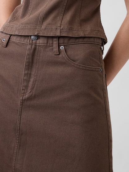 Kahverengi Twill Midi Etek