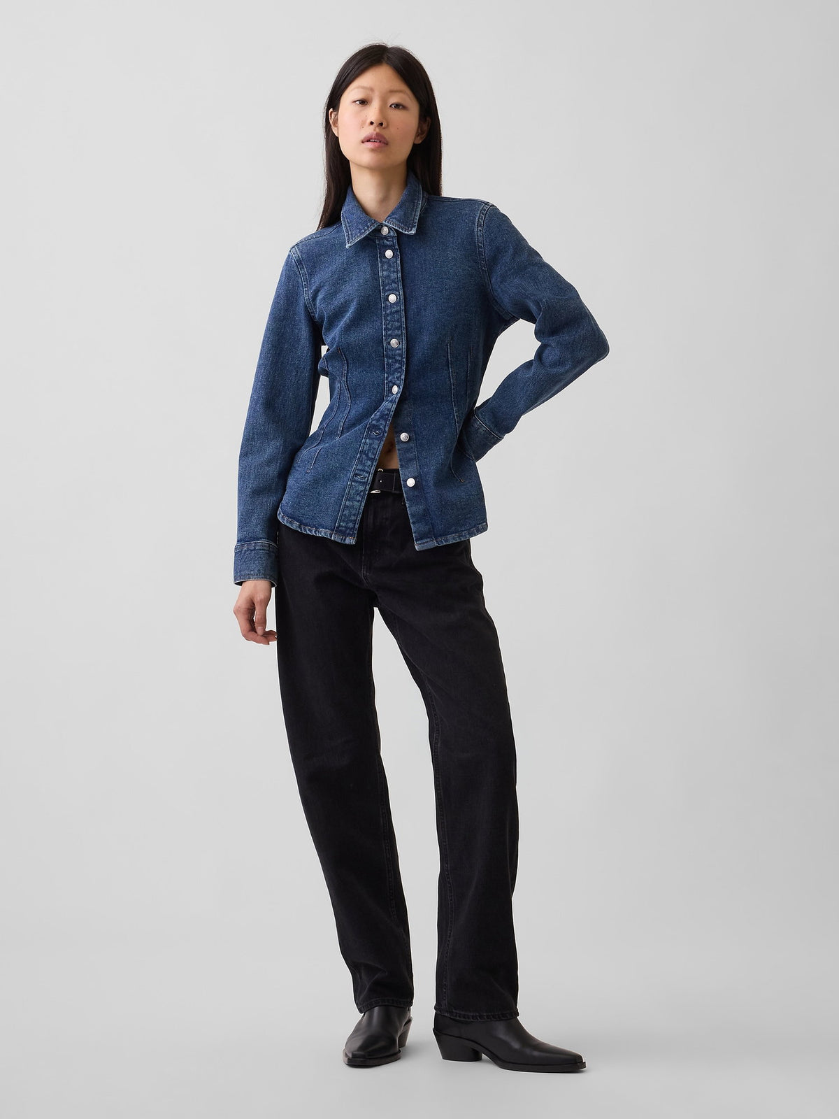 Koyu Mavi Denim Fitted Gömlek