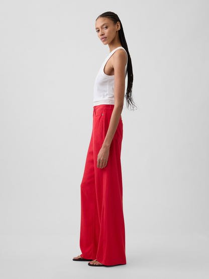 Kırmızı High Rise Keten Karışımı Wide-leg Pantolon