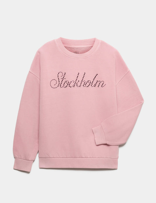Taşlı Slogan Baskılı Pamuklu Sweatshirt