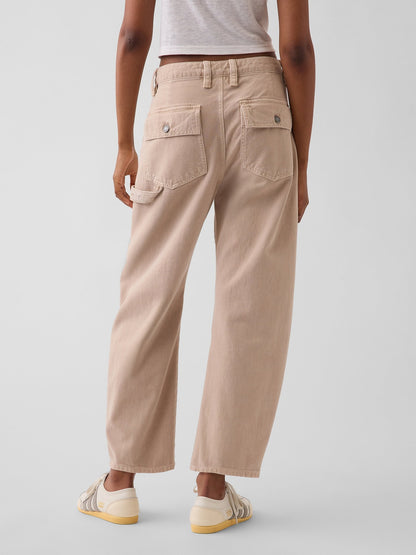 Bej Mid Rise Barrel Utility Ankle Pantolon