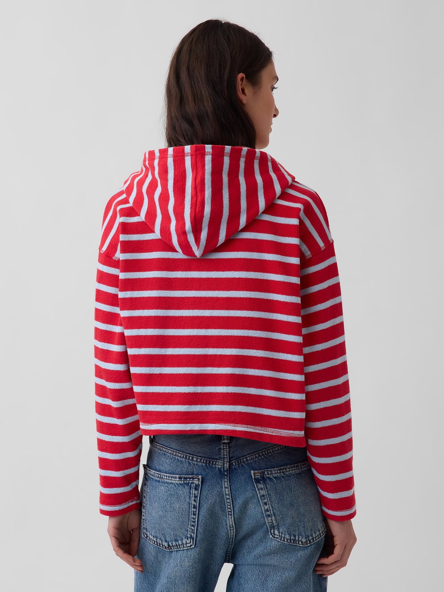 Kırmızı Havlu Terry Oversized Çizgili Fermuarlı Sweatshirt