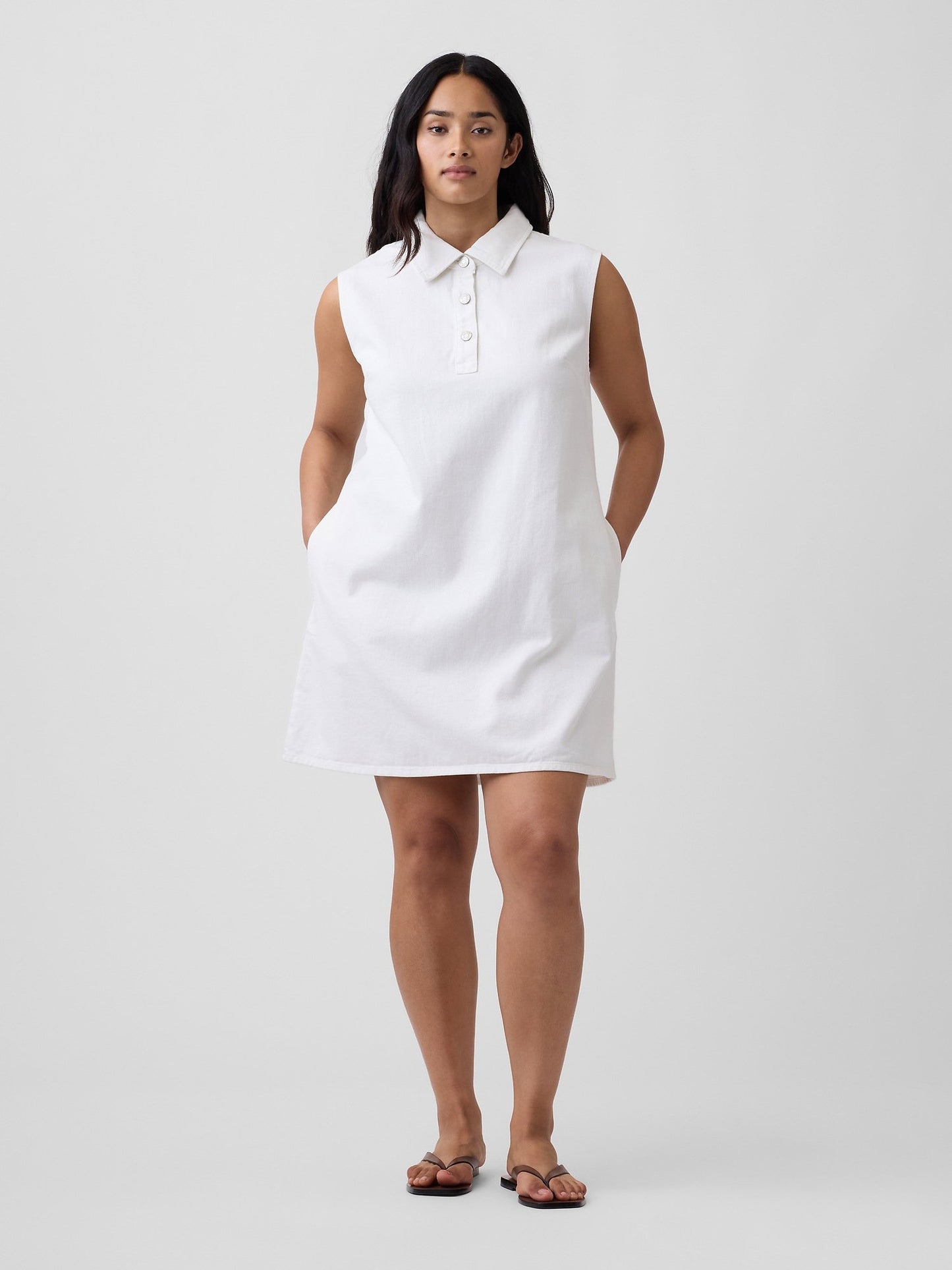 Beyaz Kolsuz Polo Yaka Denim Mini Elbise