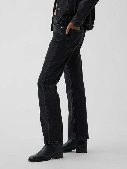Siyah Mid Rise Straight Taper Jean Pantolon
