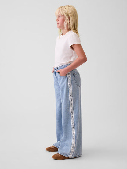 Açık Mavi Kids Low Rise Lace-trim Baggy Jean Pantolon