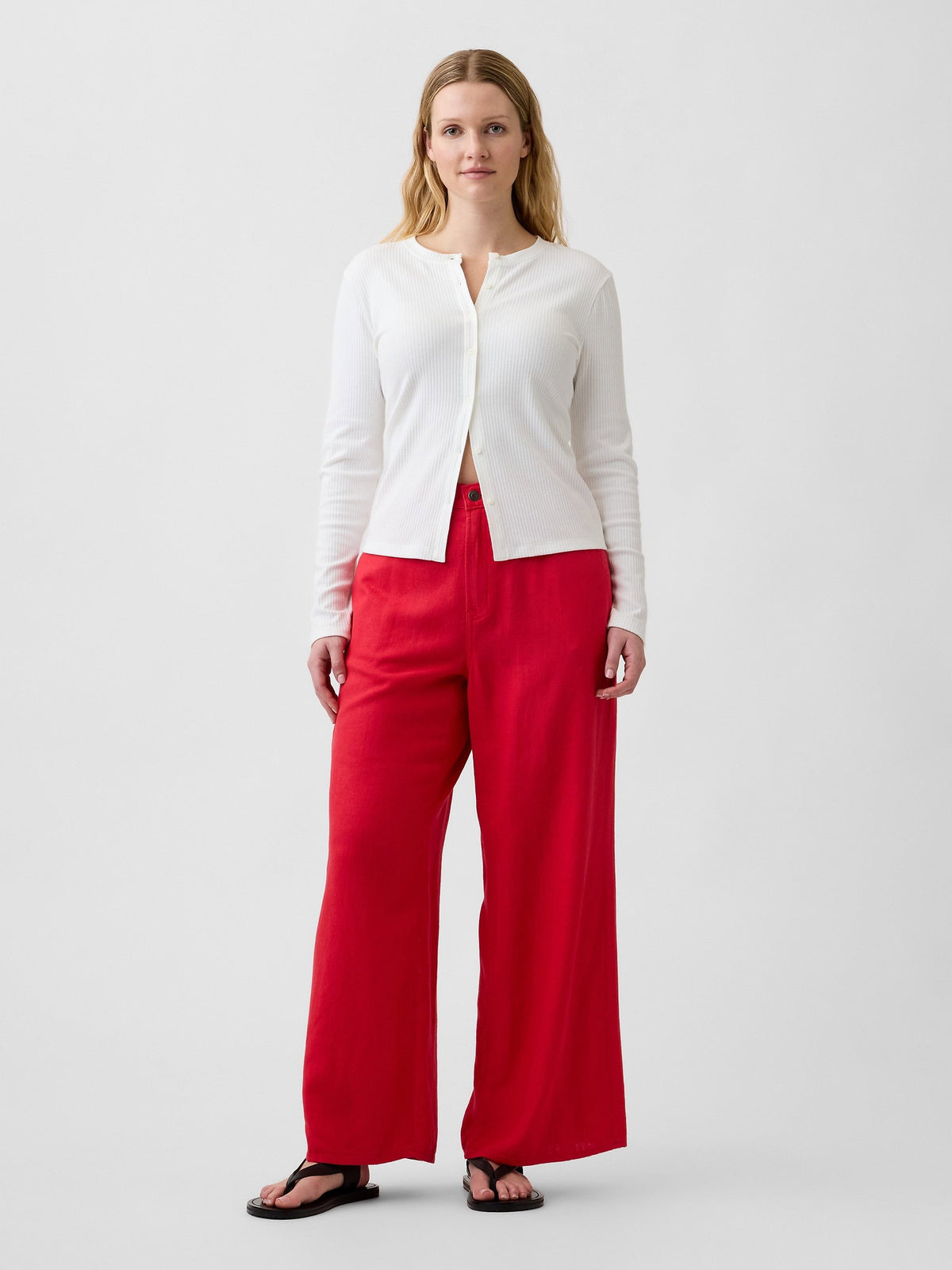 Kırmızı High Rise Keten Karışımı Wide-leg Pantolon