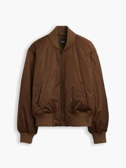 Kahverengi Padded Saten Bomber Ceket