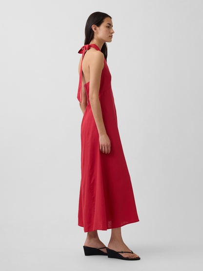 Kırmızı Keten Karışımlı Halter Maxi Elbise