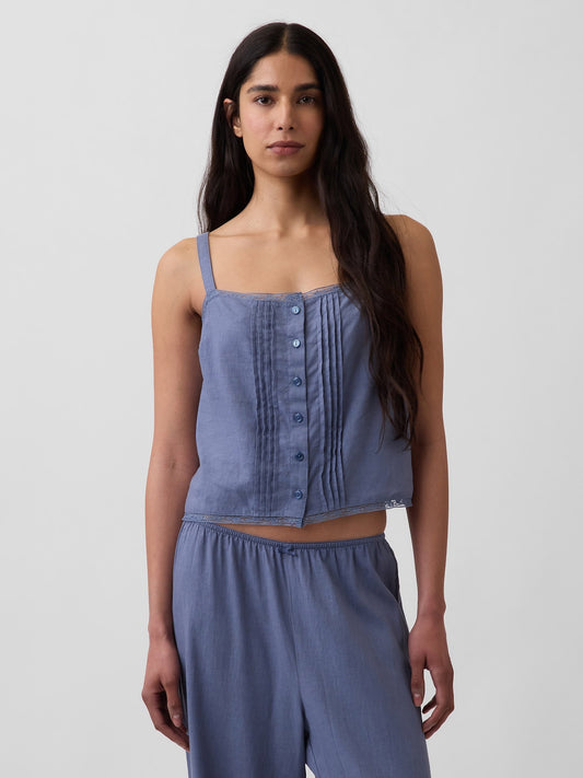 Mavi Keten Karışımlı Pintuck Kısa Askılı Pijama Üstü