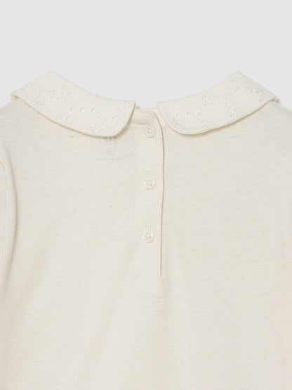 Krem Puff Sleeve Yaka T-shirt