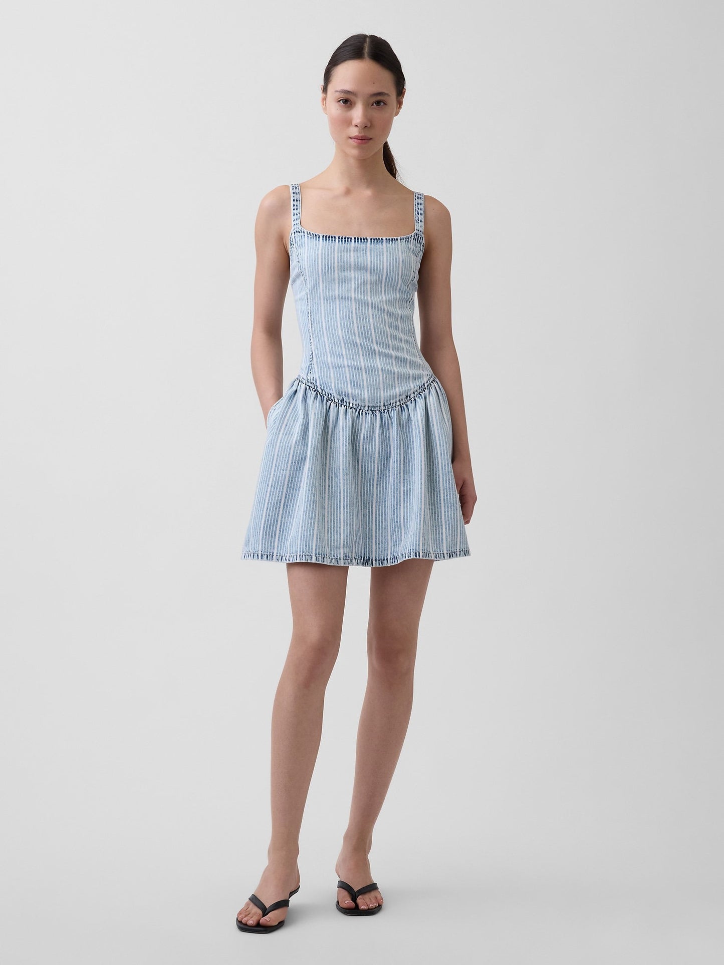 Açık Mavi Ultrasoft Denim Çizgili Drop-waist Mini Elbise
