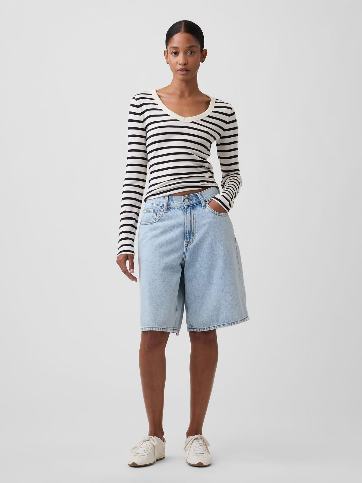 Haki Modern Fitilli V-yaka T-shirt