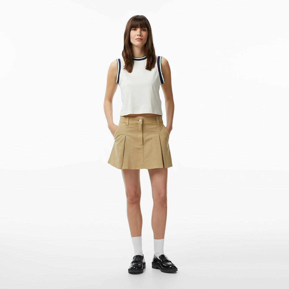 Calvin Klein Monogram Stripe Kadın Beyaz Kolsuz T-shirt