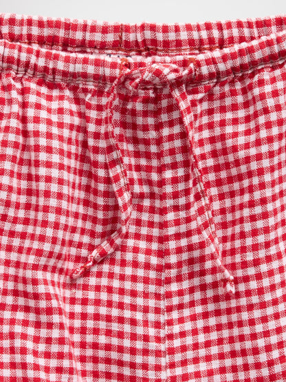Kırmızı Keten Karışımlı Gingham Easy Şort