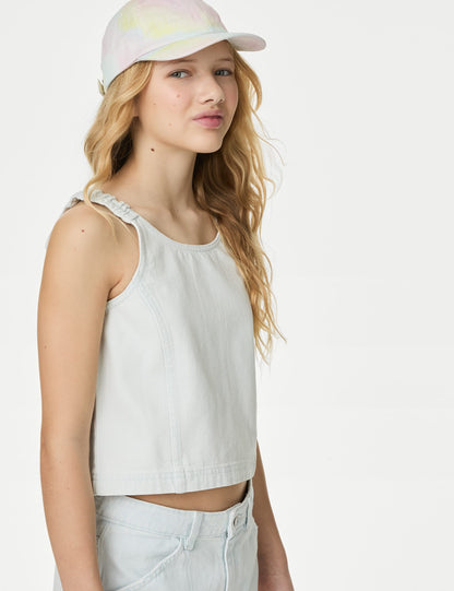Saf Pamuklu Askılı Denim Bluz (6-16 Yaş)