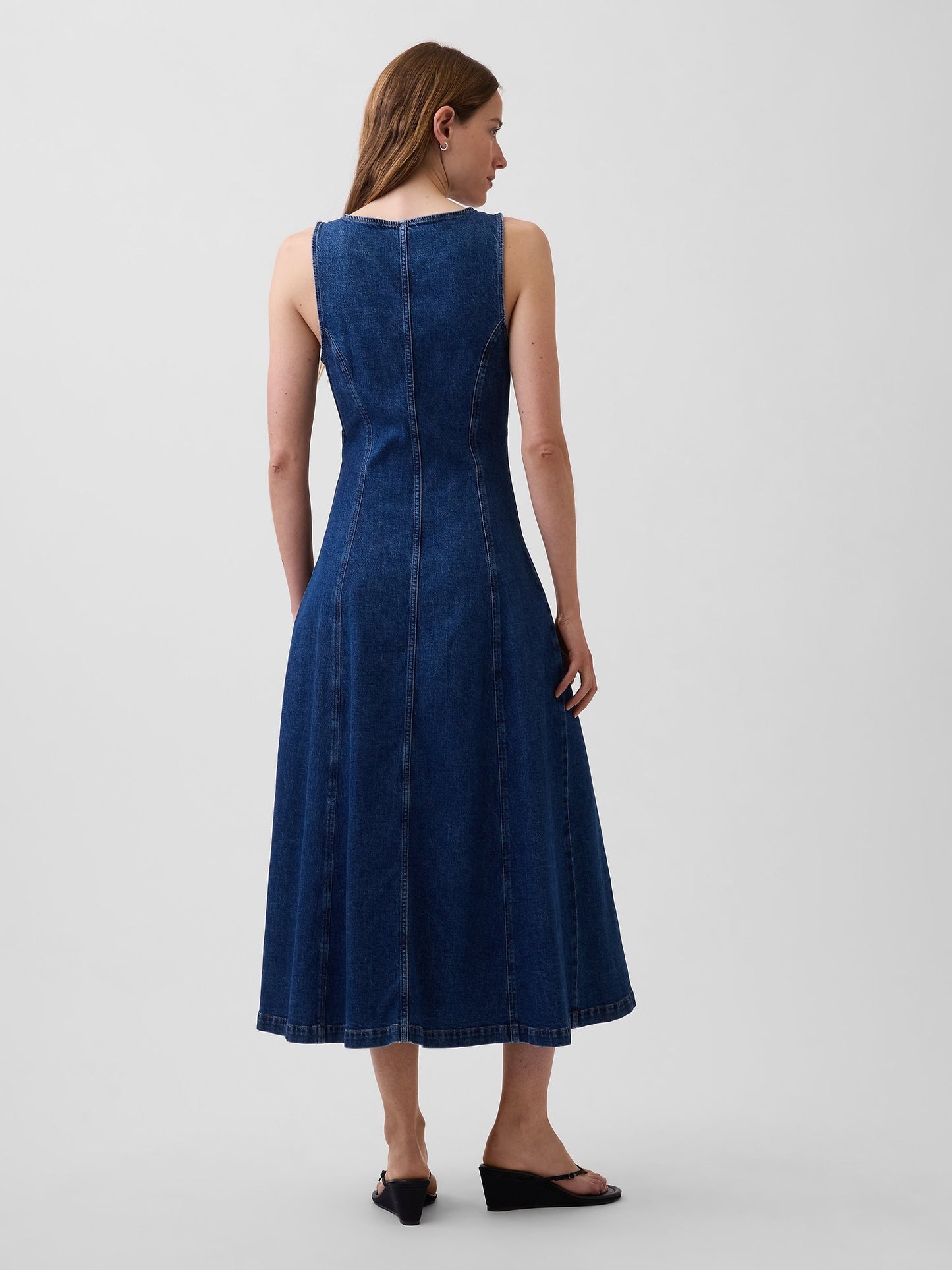 Koyu Mavi Denim Seamed Fermuarlı Midi Elbise