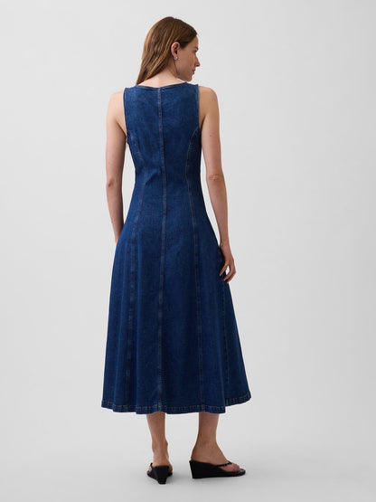 Koyu Mavi Denim Seamed Fermuarlı Midi Elbise