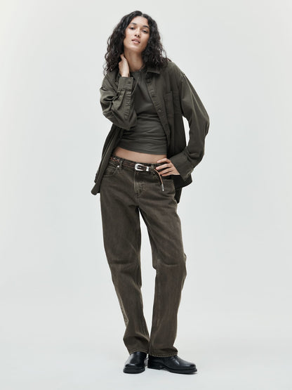 Koyu Yeşil Mid Rise Straight Taper Jean Pantolon