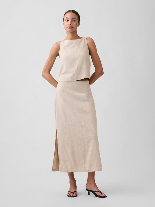 Bej Keten Karışımı Maxi Slip Etek