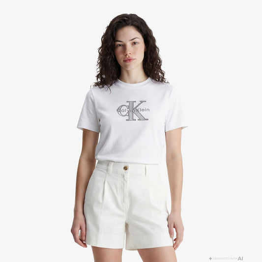 Calvin Klein Classic Monologo Metallic Kadın Beyaz T-shirt