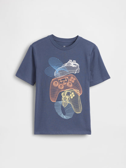 Koyu Mavi Grafik Baskılı T-shirt