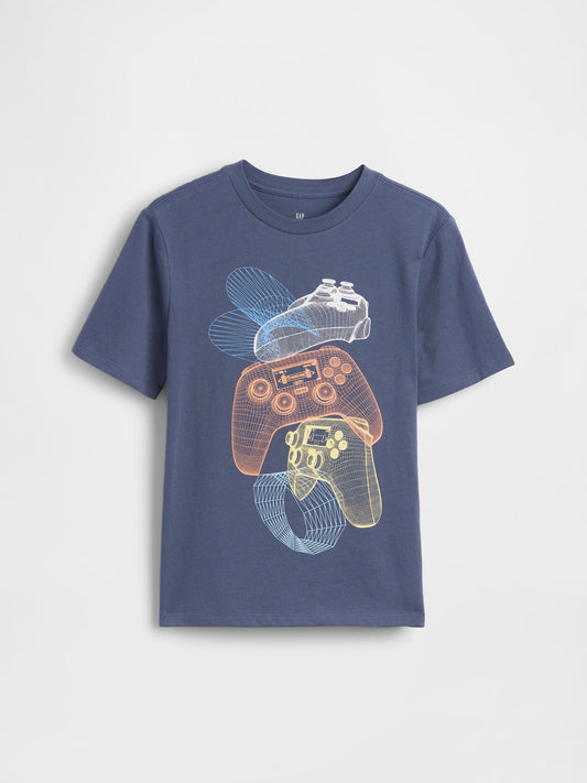 Koyu Mavi Grafik Baskılı T-shirt