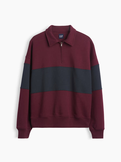 Bordo Heavyweight Oversized Çizgili Yarım Fermuarlı Sweatshirt