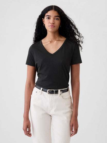 Siyah Organik Pamuk Vintage V Yaka T-shirt