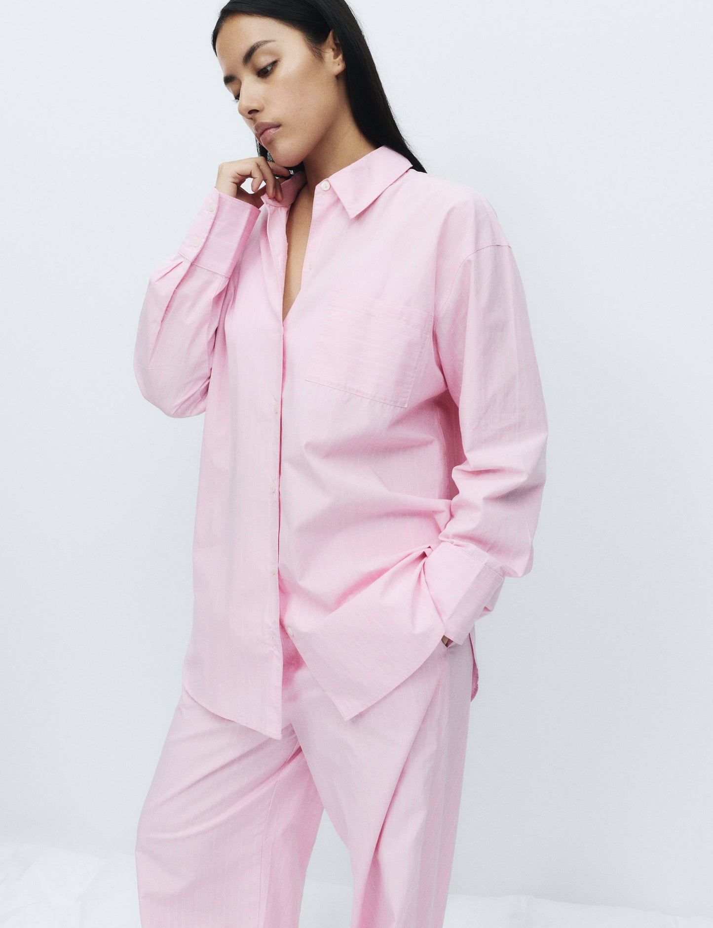 Saf Pamuklu Çizgili Poplin Pijama Üstü