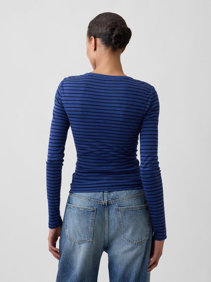 Koyu Mavi Modern Fitilli Bisiklet Yaka T-shirt