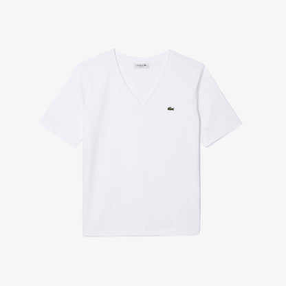 Lacoste Kadın Relaxed Fit V Yaka Beyaz T-shirt