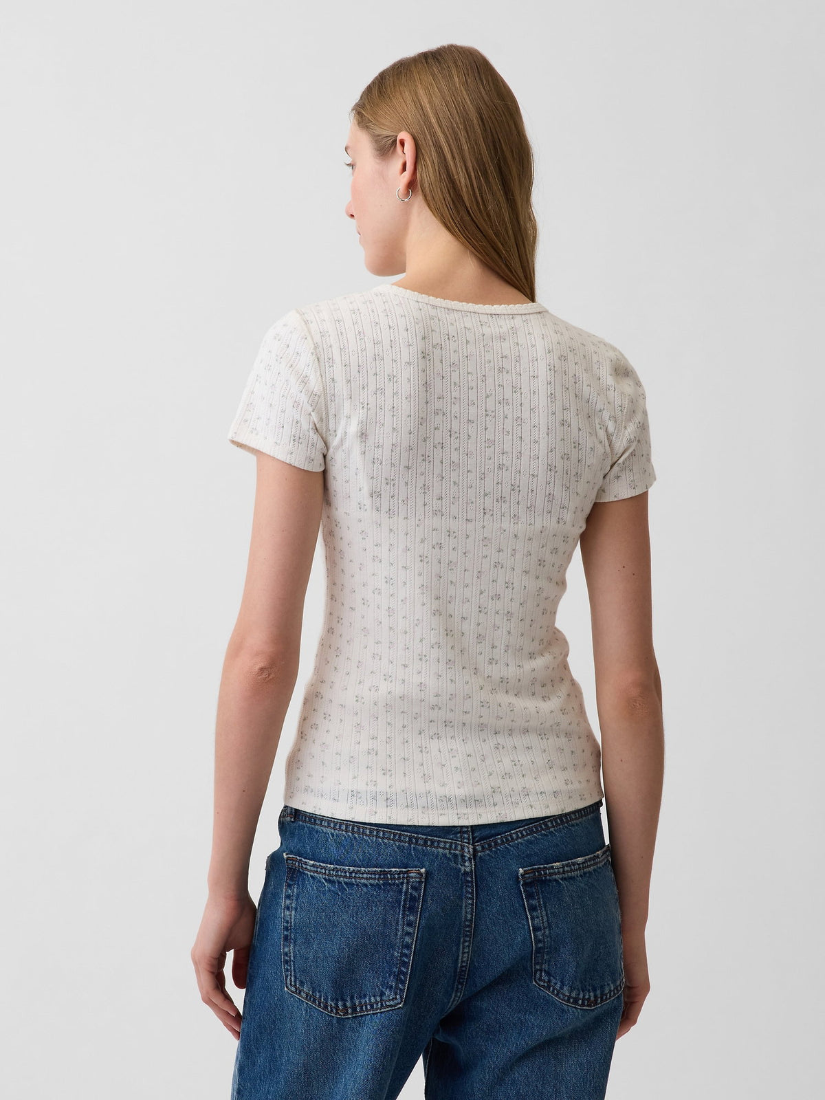 Beyaz Pointelle Bisiklet Yaka T-shirt