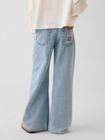 Açık Mavi Low Rise Işlemeli I Love Ny Baggy Jean Pantolon
