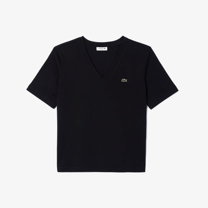 Lacoste Kadın Relaxed Fit V Yaka Siyah T-shirt