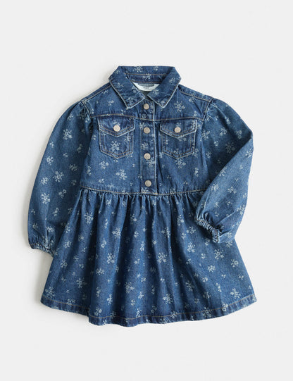 Çiçek Desenli Denim Çocuk Elbise