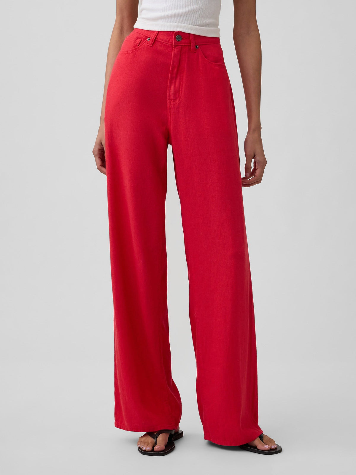 Kırmızı High Rise Keten Karışımı Wide-leg Pantolon
