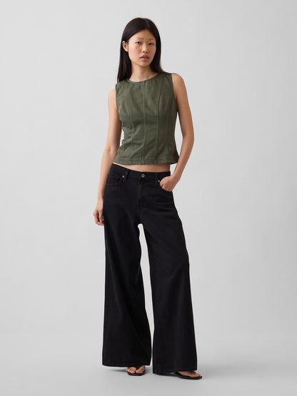 Haki Seamed Twill Crop Shell Bluz