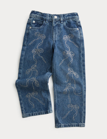Pamuklu Denim Fiyonk Taş Detaylı Jean (2-8 Yaş)