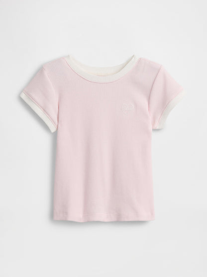 Açık Pembe Logo Fitilli Ringer T-shirt
