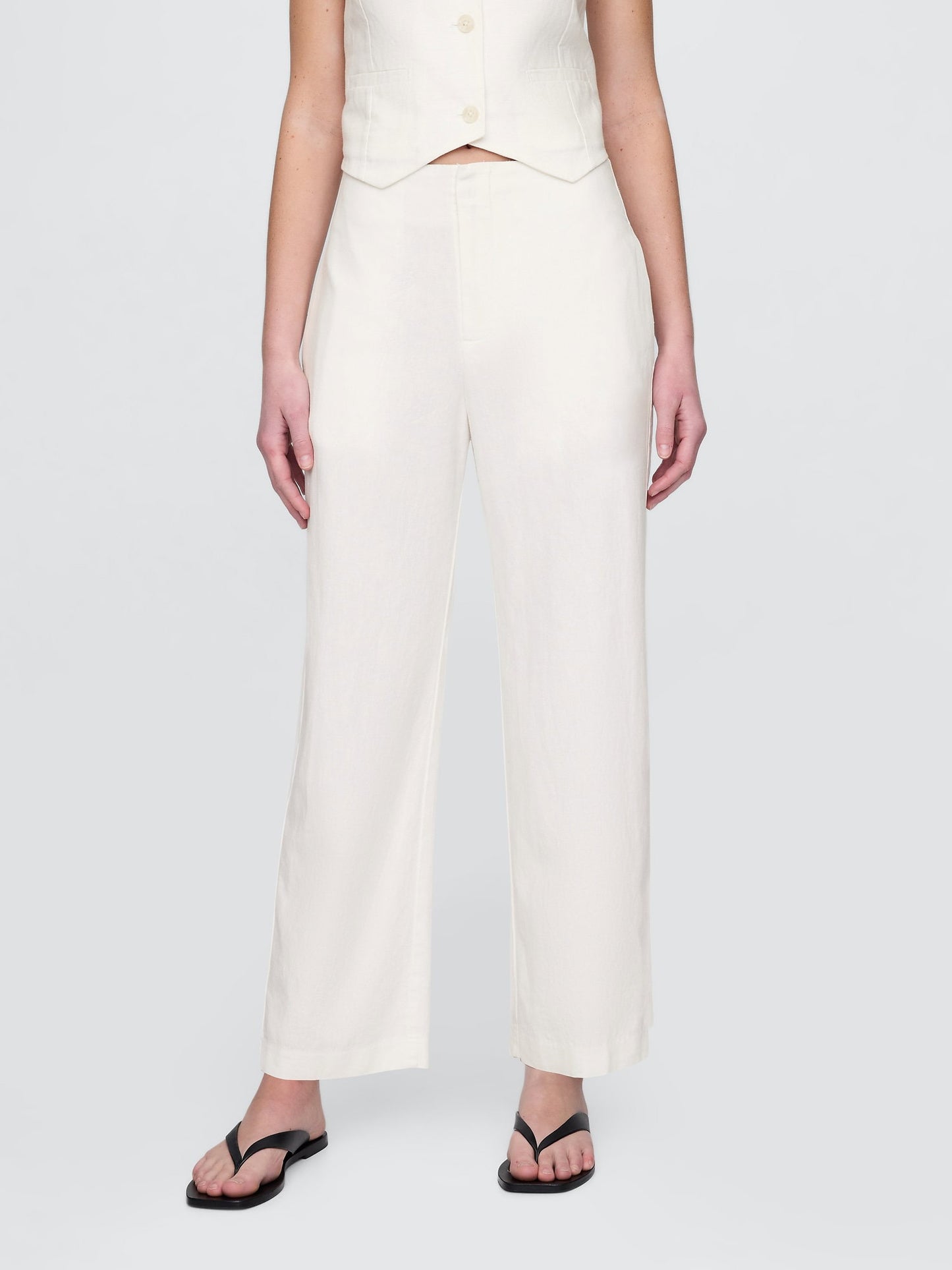 Beyaz Keten Karışımlı Relaxed Straight Ankle Pantolon