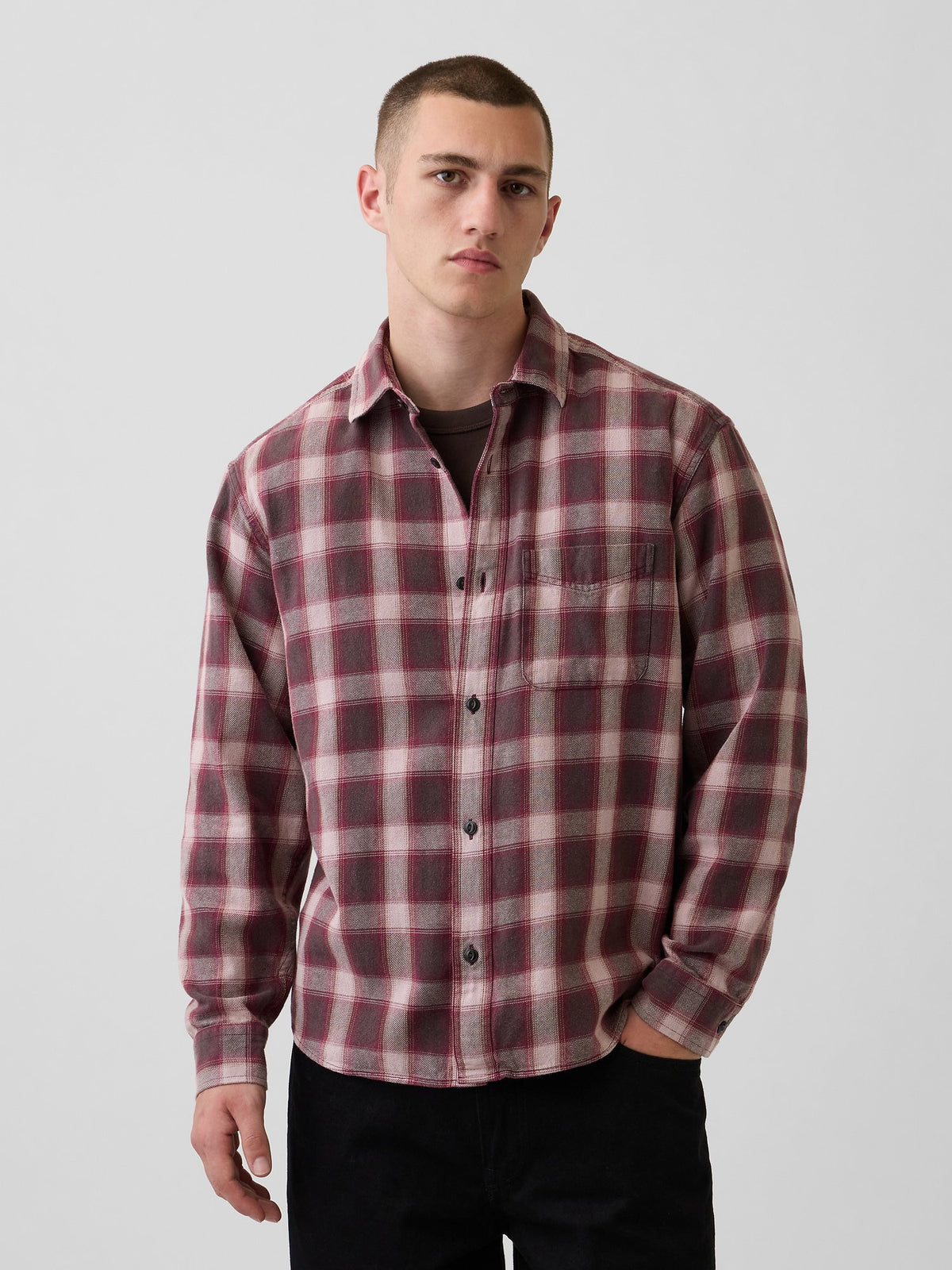 Bordo Twill Relaxed Kareli Gömlek
